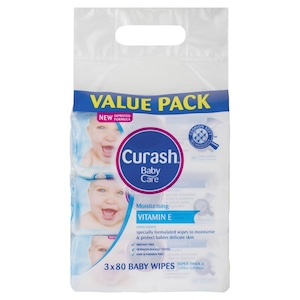 Curash Baby Moisturising Vitamin E 3 x 80 Baby Wipes