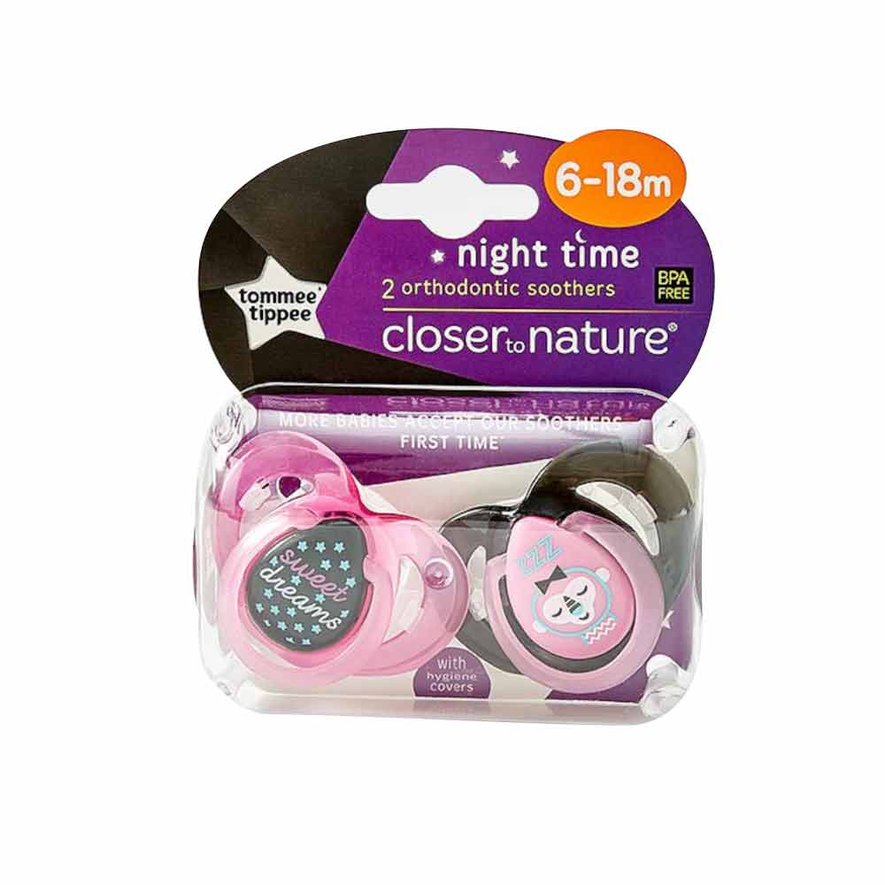 Tommee Tippee Closer To Nature Night Time Soothers 6-18 Months 2 Pack (Colours Selected At Random)