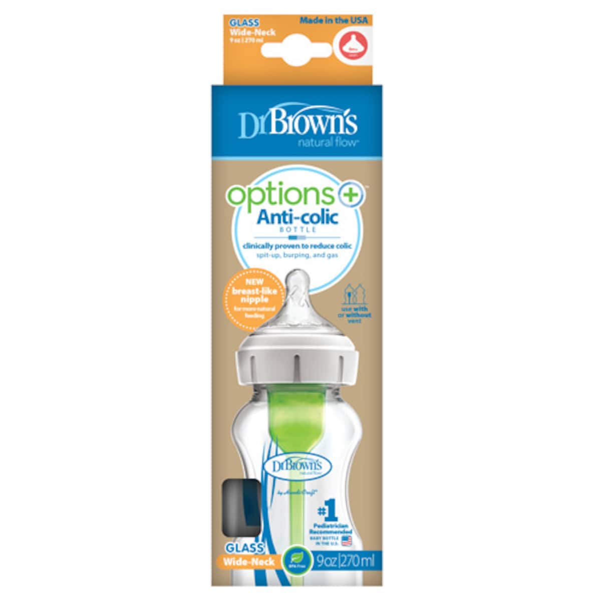 Dr Brown's Options+ Glass Wide Neck Baby Bottle 270Ml