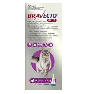Bravecto Plus For Large Cats 6.25Kg - 12.5Kg (Purple) 1.79Ml Pipette