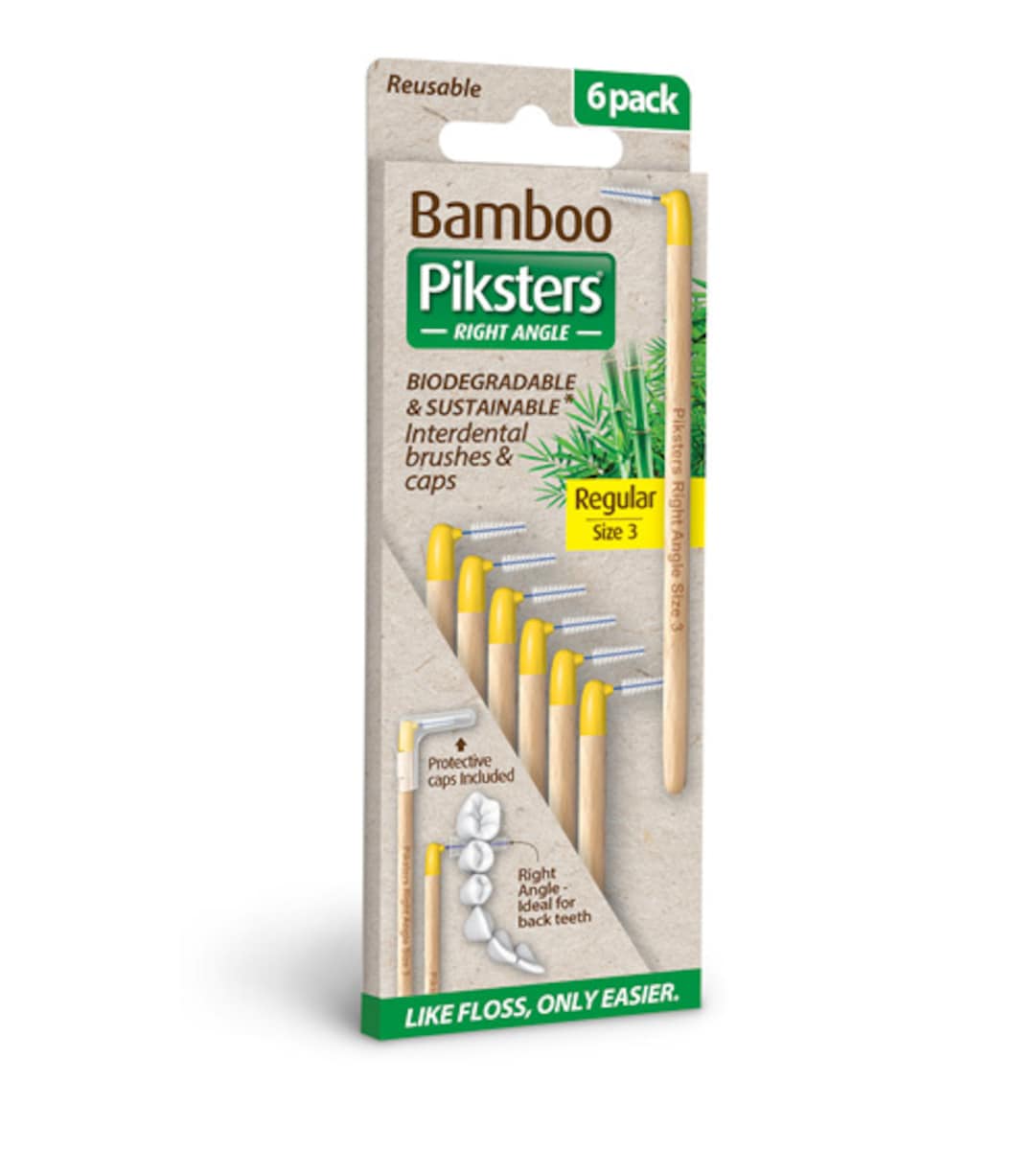 Piksters Bamboo Right Angle Intertendental Brush Size 3 Yellow 6 Pack