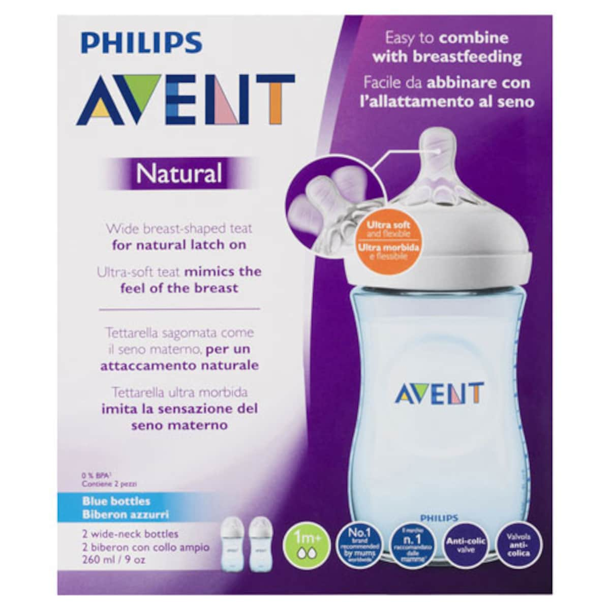 Avent Natural Baby Feeding Bottles Blue 2 X 260Ml