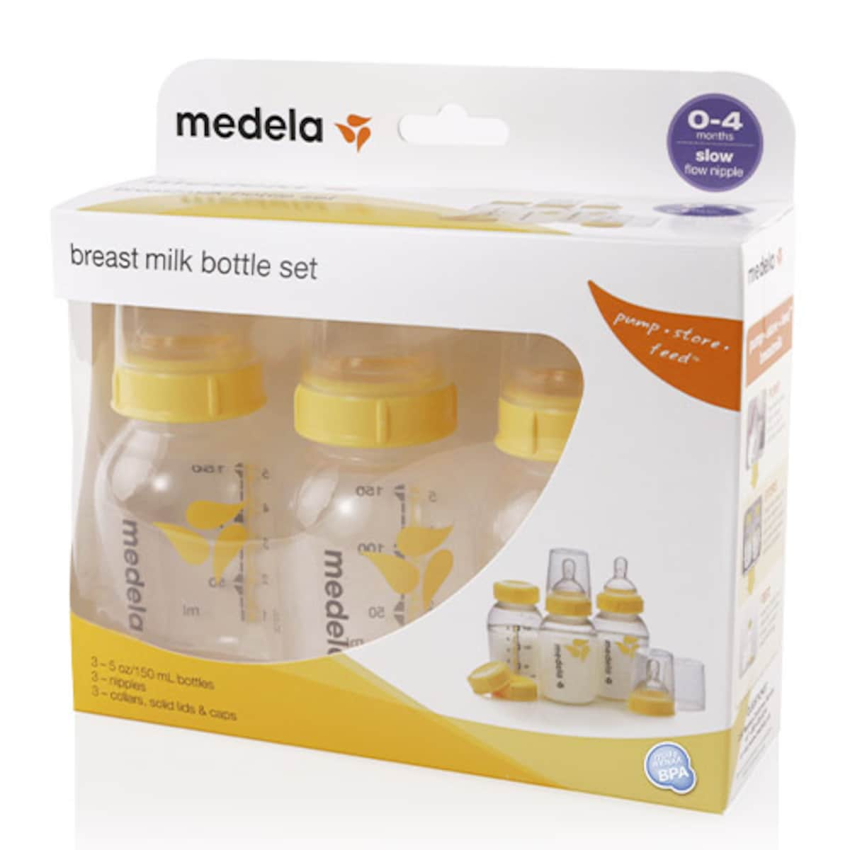 Medela Breastmilk Bottle 150Ml With Wide Base Slow Flow Teat 3 Pack