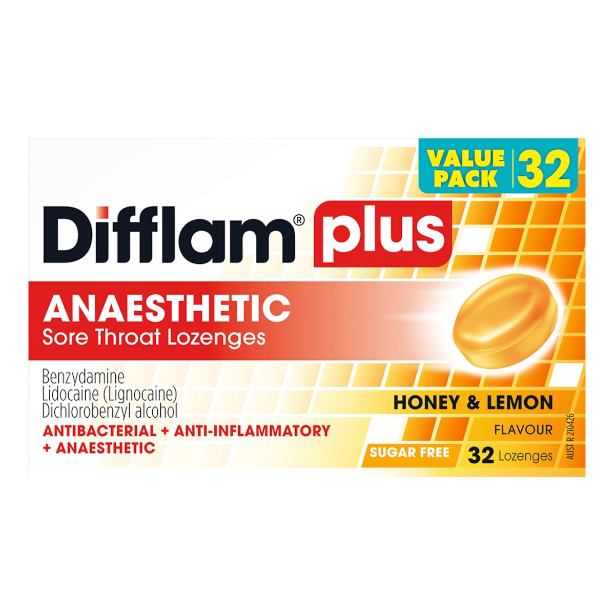 Difflam Plus Anaesthetic Sore Throat Lozenges Honey & Lemon 32 Pack Value Pack