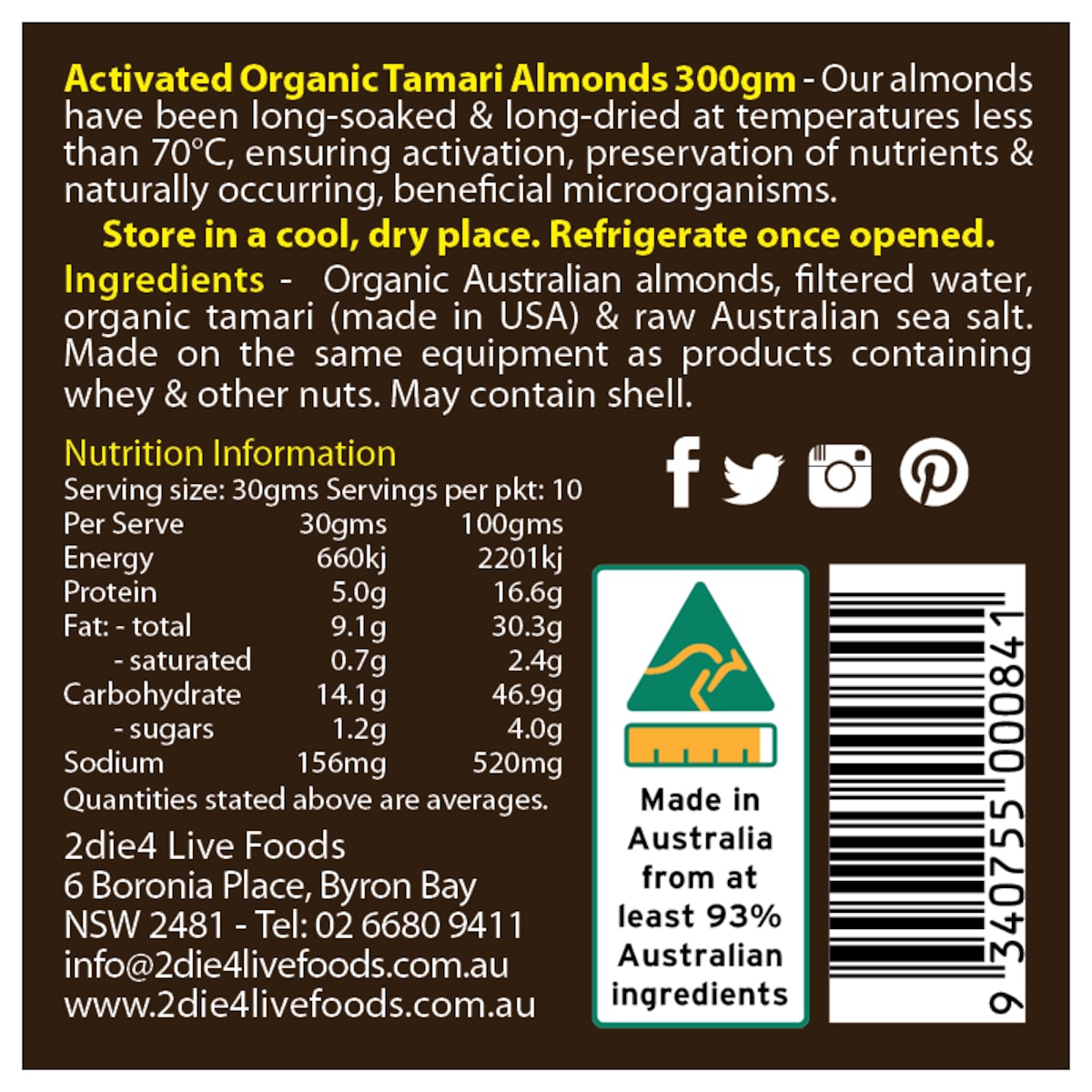 2Die4 Organic Activated Vegan Tamari Almonds 300G