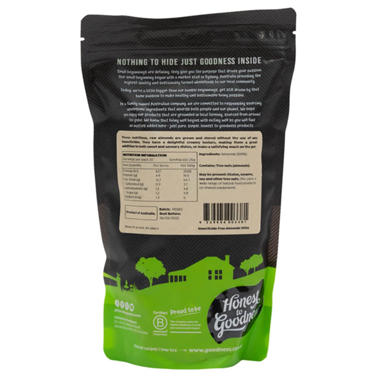 Honest To Goodness Insecticide Free Almonds 500G