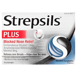 Strepsils Plus Blocked Nose Relief Menthol Eucalyptus 16 Lozenges