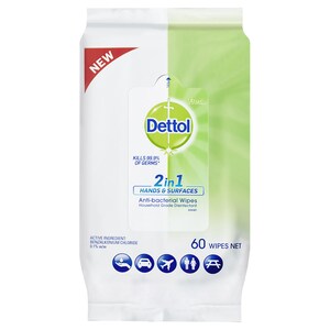 Dettol 2 In 1 Hand & Surface Antibacterial Wipes 60 Pack