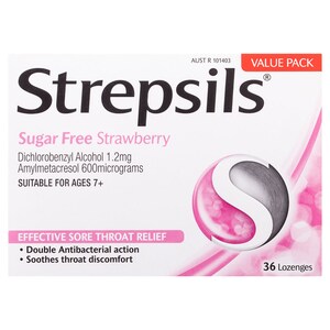 Strepsils Sugar Free Sore Throat Relief Strawberry 36 Lozenges