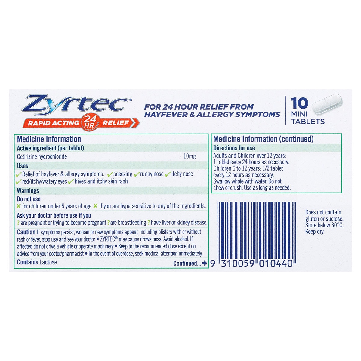 Zyrtec Allergy & Hayfever Relief Rapid Acting 10 Mini Tablets