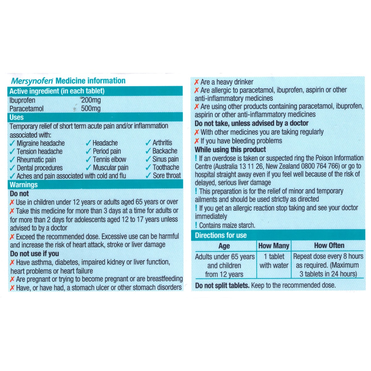 Mersynofen Paracetamol (500mg) Ibuprofen (200mg) 30 Tablets