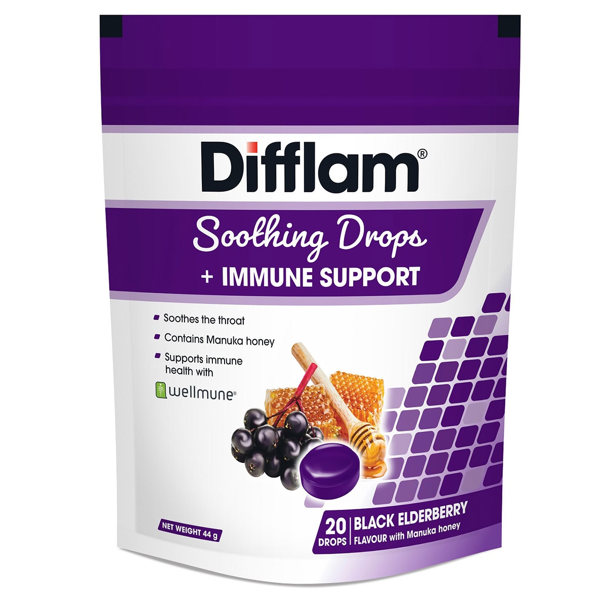 Difflam Soothing Drops + Immune Support Black Elderberry 20 Pack