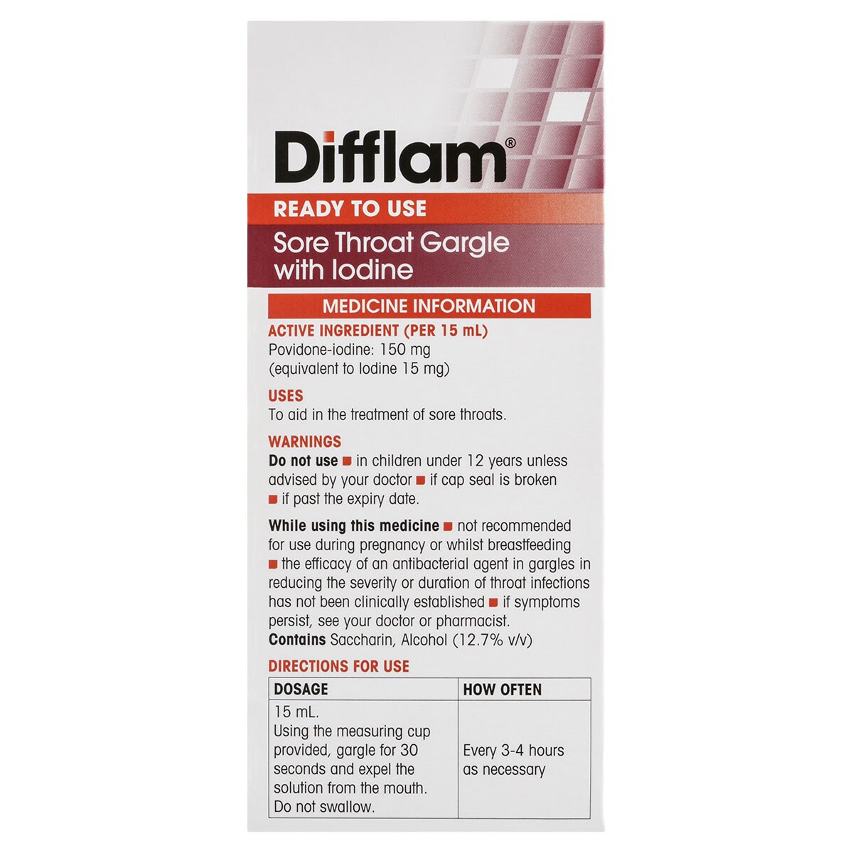 Difflam Ready to Use Sore Throat Gargle with Iodine Fresh Mint 200ml