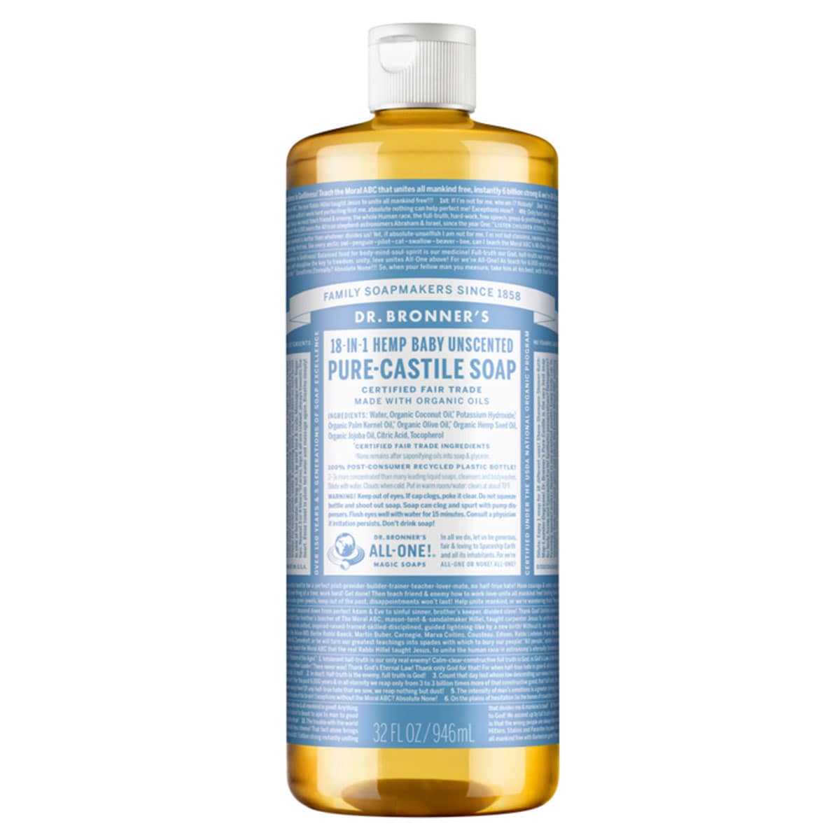 Dr Bronners Pure Castile Liquid Soap Baby Unscented 946Ml