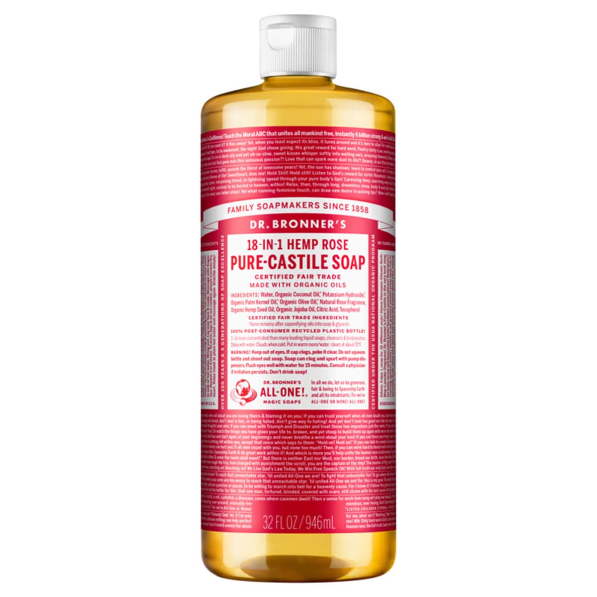 Dr Bronners Pure Castile Liquid Soap Rose 946Ml