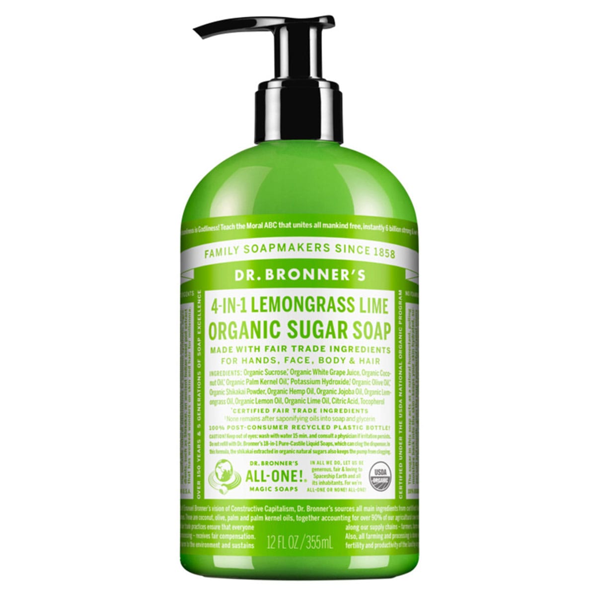 Dr Bronners Organic Sugar Soap Lemongrass Lime 355Ml