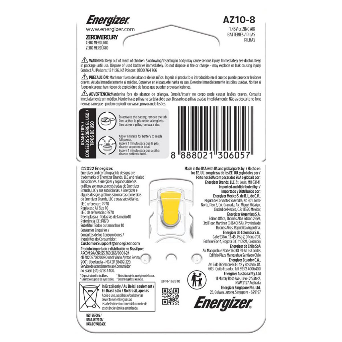 Energizer Hearing Aid Batteries Az10 8 Pack