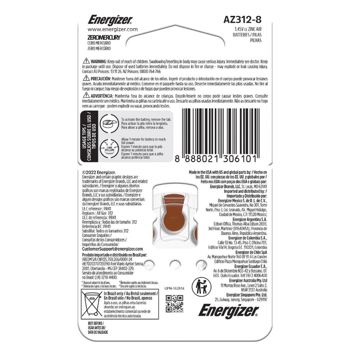 Energizer Hearing Aid Batteries Az312 8 Pack