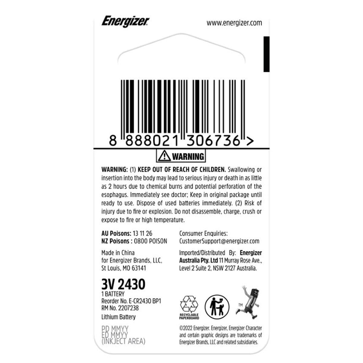 Energizer Lithium Battery Cr2430 1 Pack