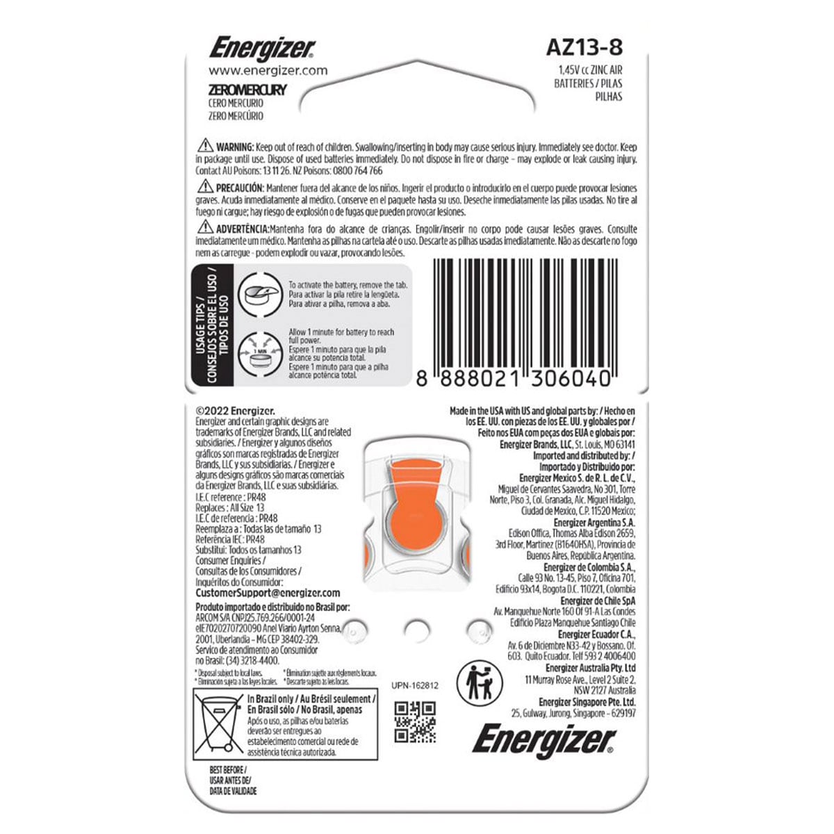 Energizer Hearing Aid Batteries Az13 8 Pack