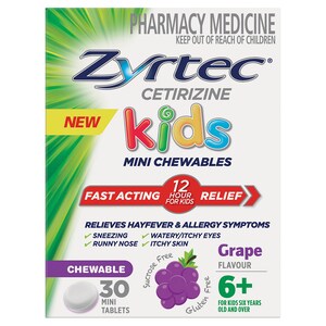 Zyrtec Kids Fast Acting Allergy & Hayfever Relief Grape 30 Chewable Tablets