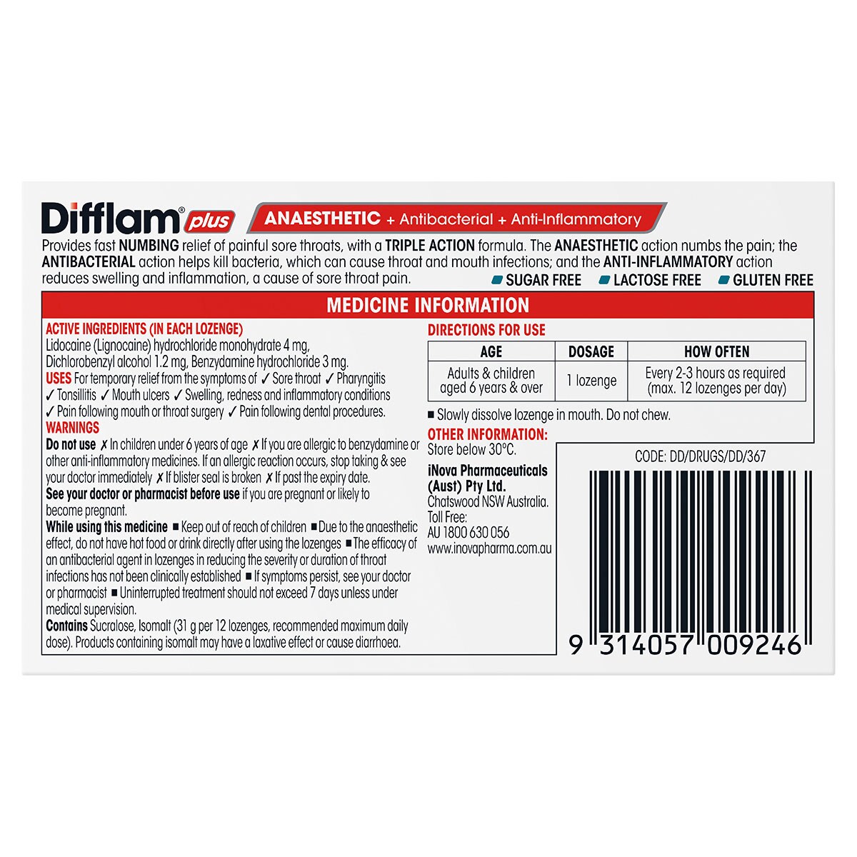 Difflam Plus Anaesthetic Sore Throat Lozenges Eucalyptus & Menthol 16 Pack