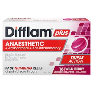 Difflam Plus Anaesthetic Sore Throat Lozenges Berry 16 Pack