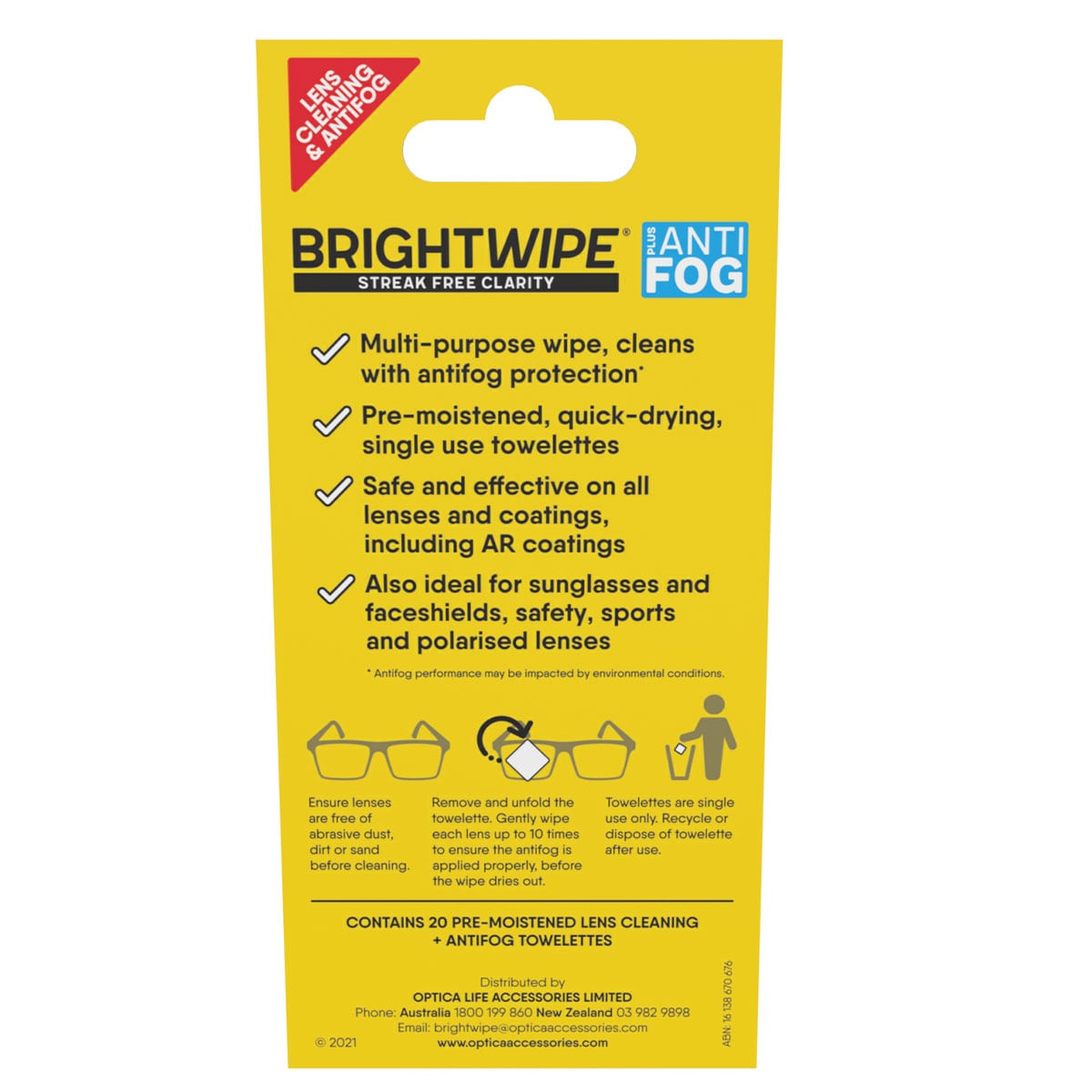 Bright Wipe Antifog Lens Wipe 20 Pack