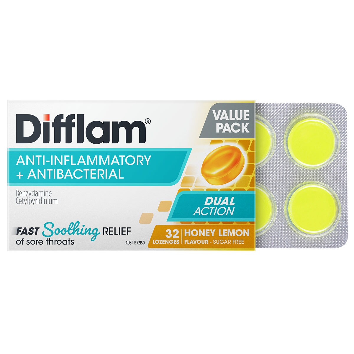 Difflam Sore Throat Lozenges Sugar Free Honey & Lemon 32 Pack