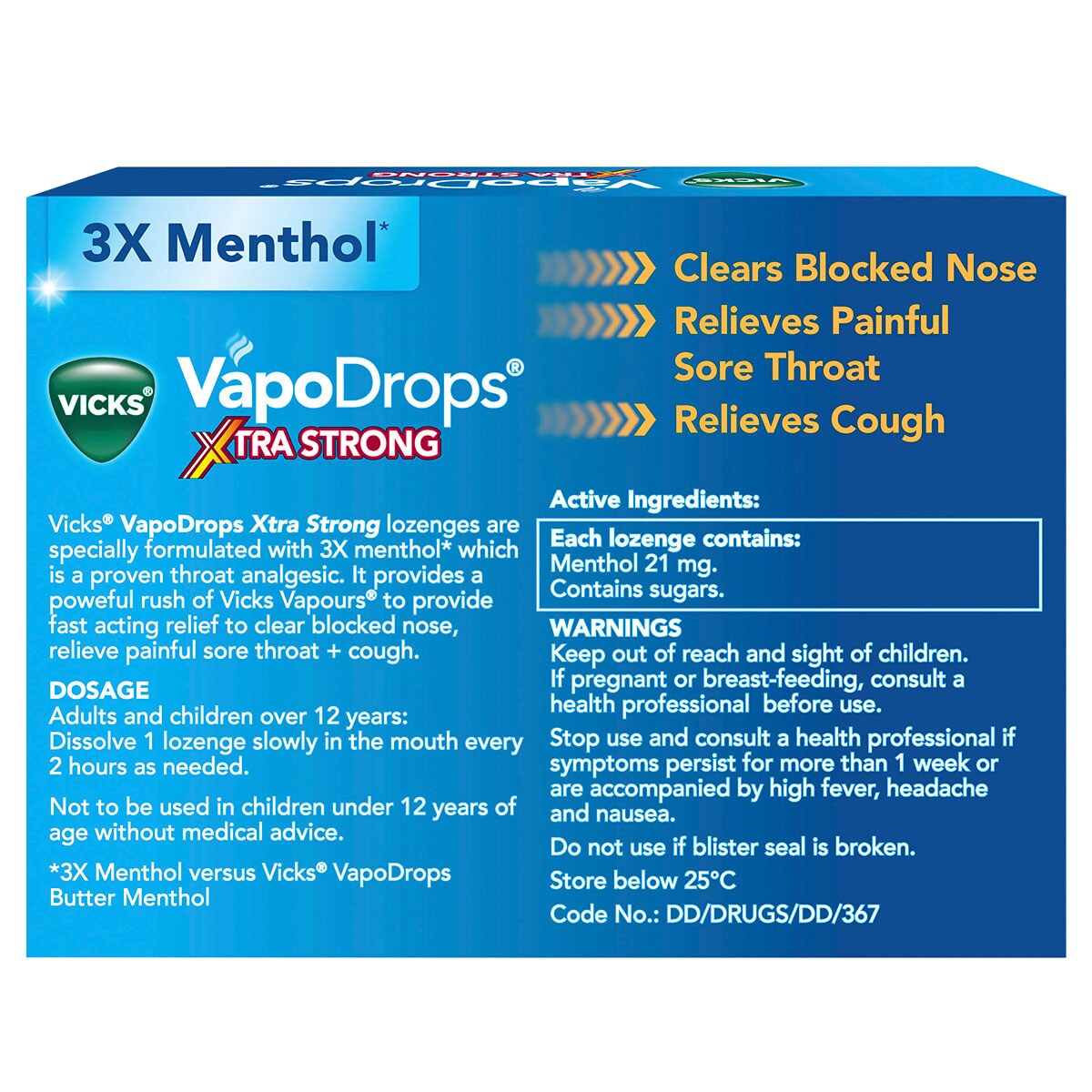 Vicks VapoDrops + Cough Xtra Strong Lemon Menthol Blast 36 Lozenges