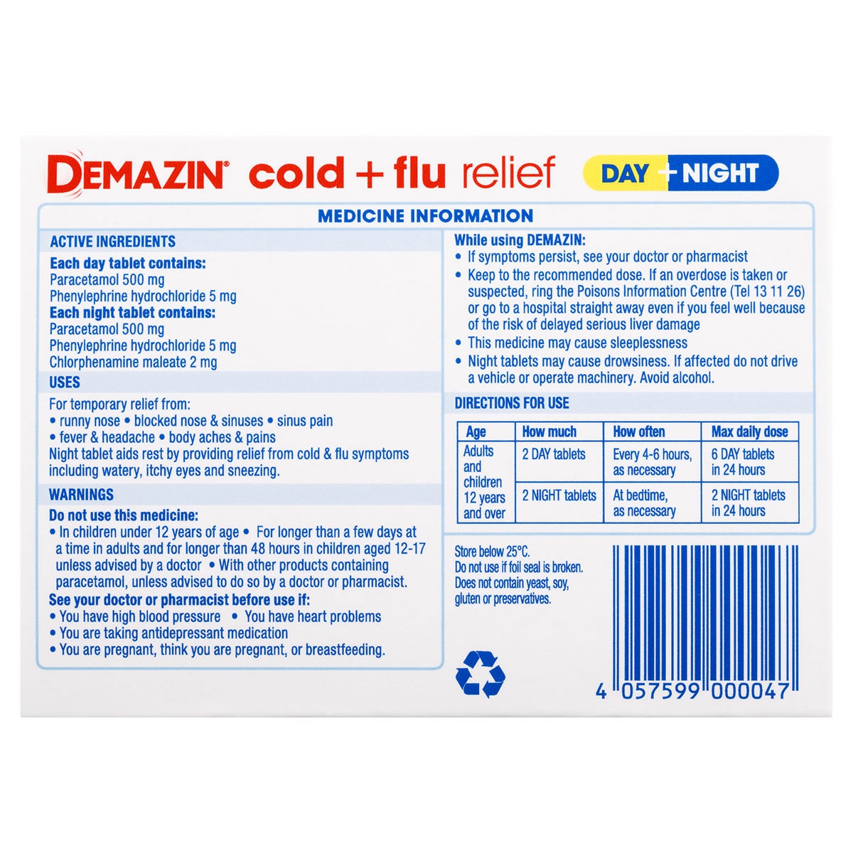 Demazin Cold & Flu Relief Day & Night 24 Tablets