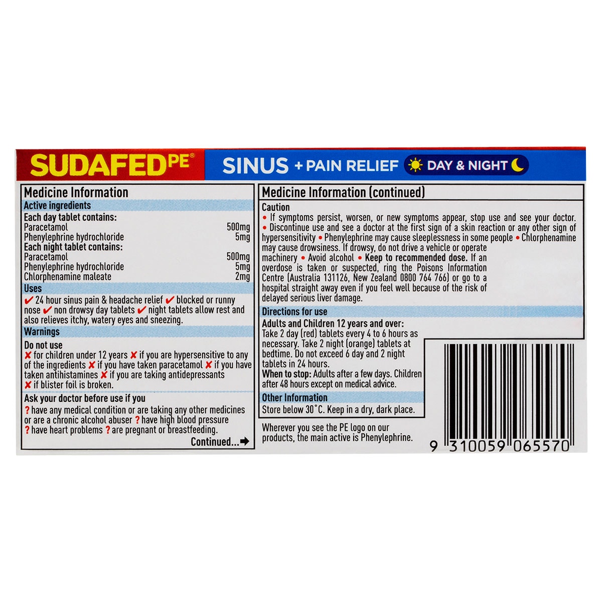 Sudafed PE Sinus + Pain Relief Day & Night 24 Tablets