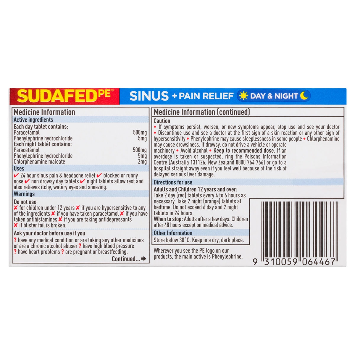 Sudafed PE Sinus + Pain Relief Day & Night 48 Tablets