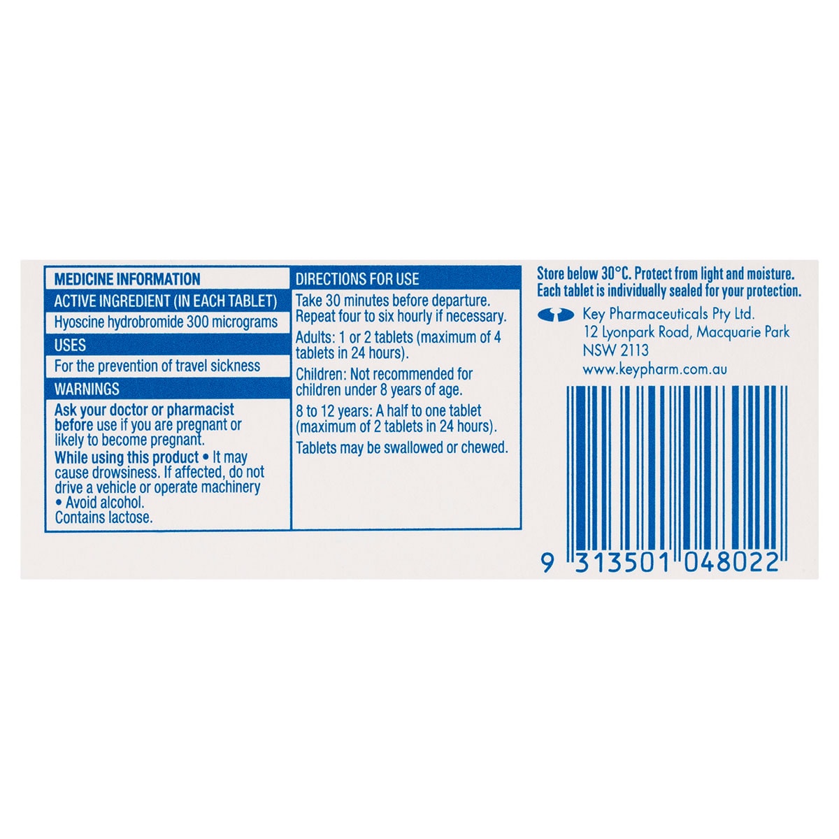 Travacalm Travel Sickness H.O. 10 Tablets