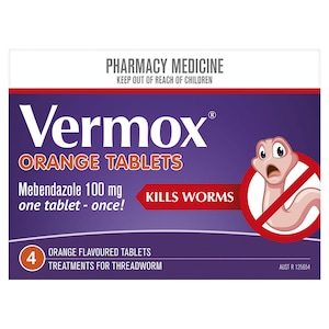 Vermox Worming Treatment 4 Orange Flavoured Tablets