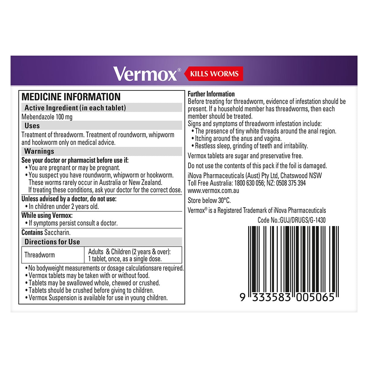 Vermox Worming Treatment 6 Orange Flavoured Tablets