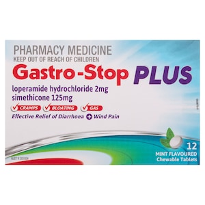 Gastro-Stop Plus Diarrhoea + Wind Pain Relief 12 Chewable Tablets