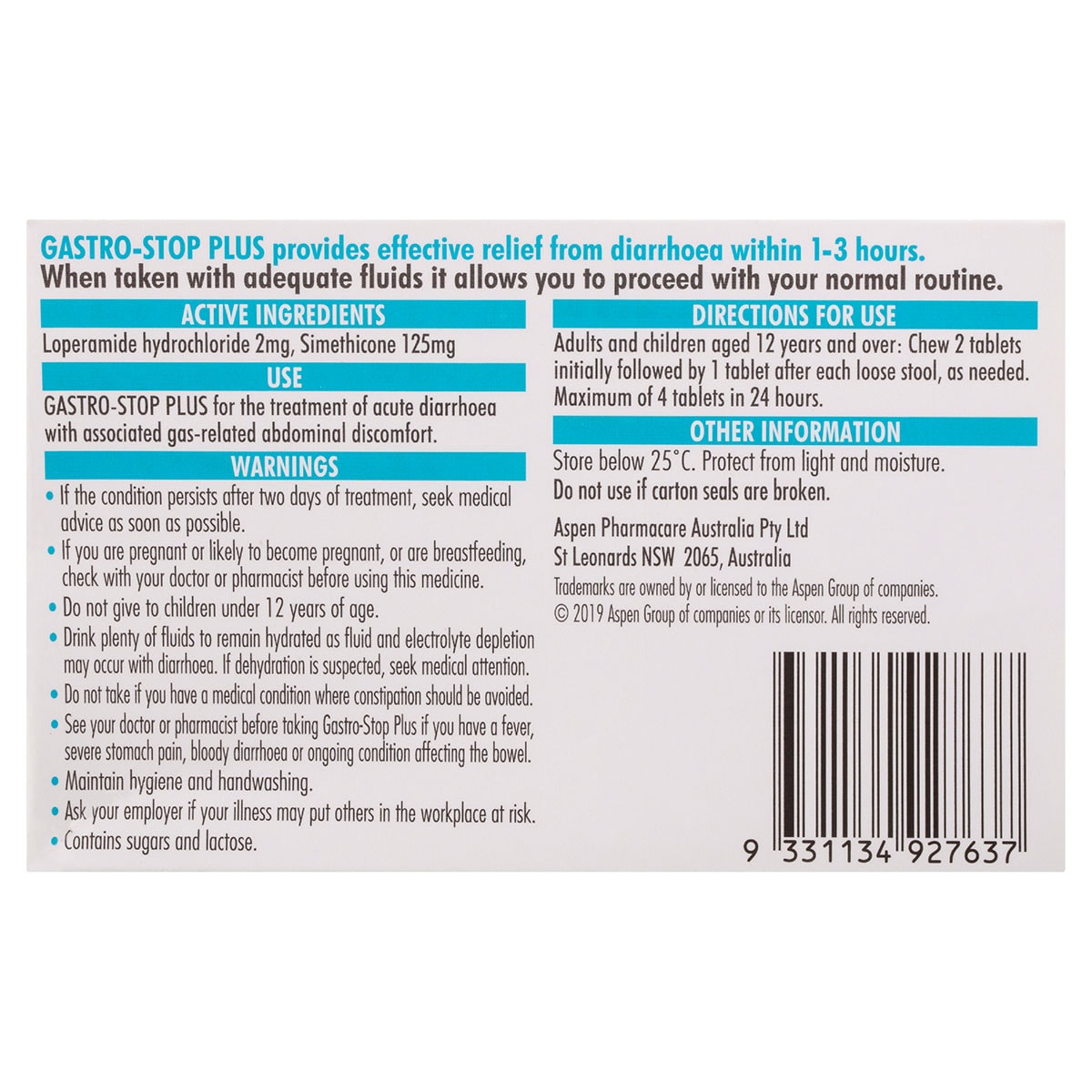 Gastro-Stop Plus Diarrhoea + Wind Pain Relief 12 Chewable Tablets