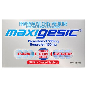 Maxigesic Paracetamol (500mg) Ibuprofen (150mg) Double Action Pain & Fever Relief 30 Tablets