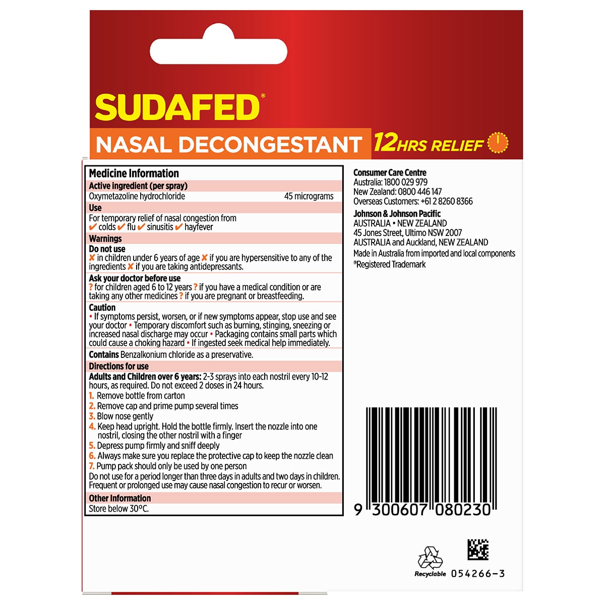 Sudafed Nasal Decongestant Spray 12 Hour Relief 2 x 20ml Value Pack