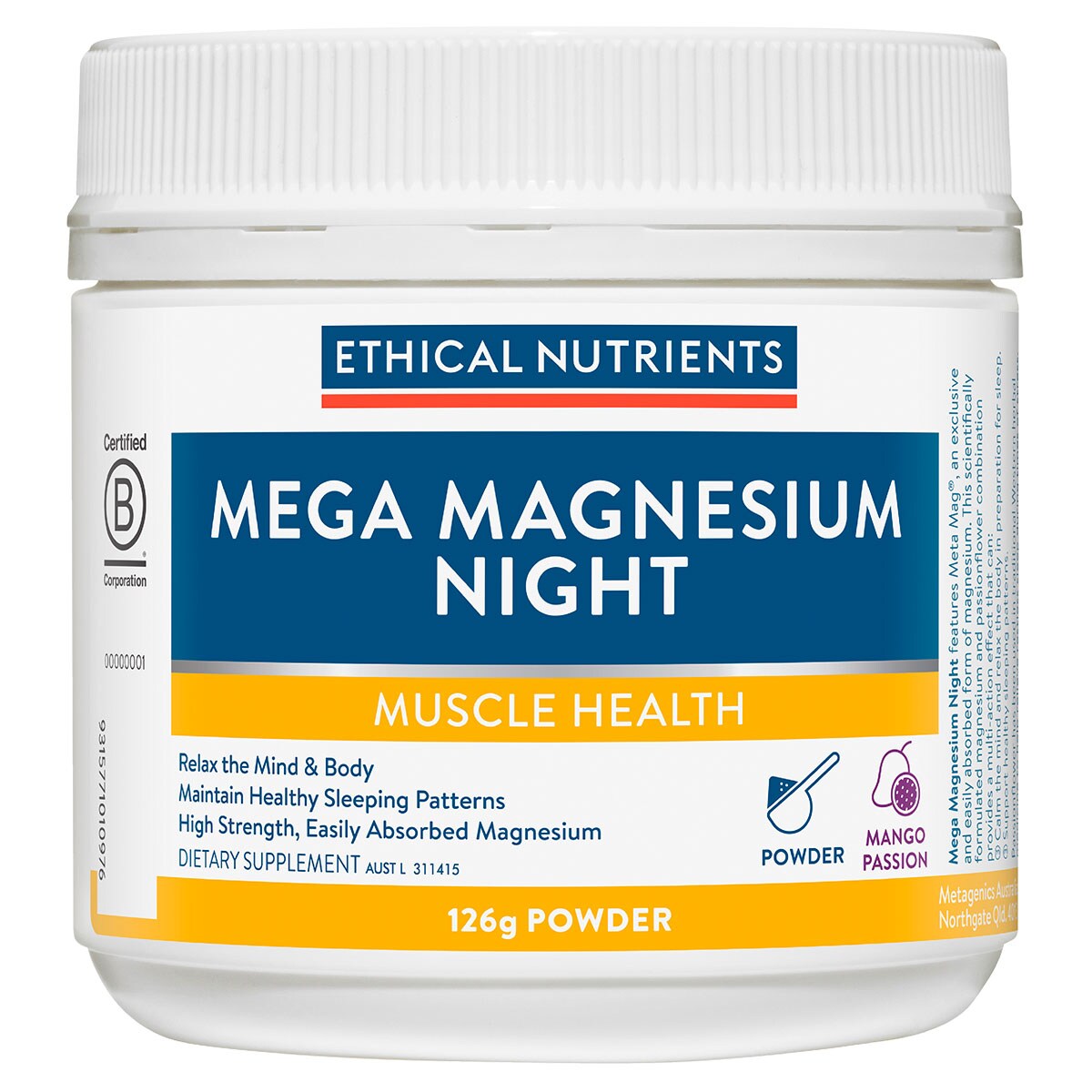 Ethical Nutrients Mega Magnesium Night Mango Passion 126G Powder