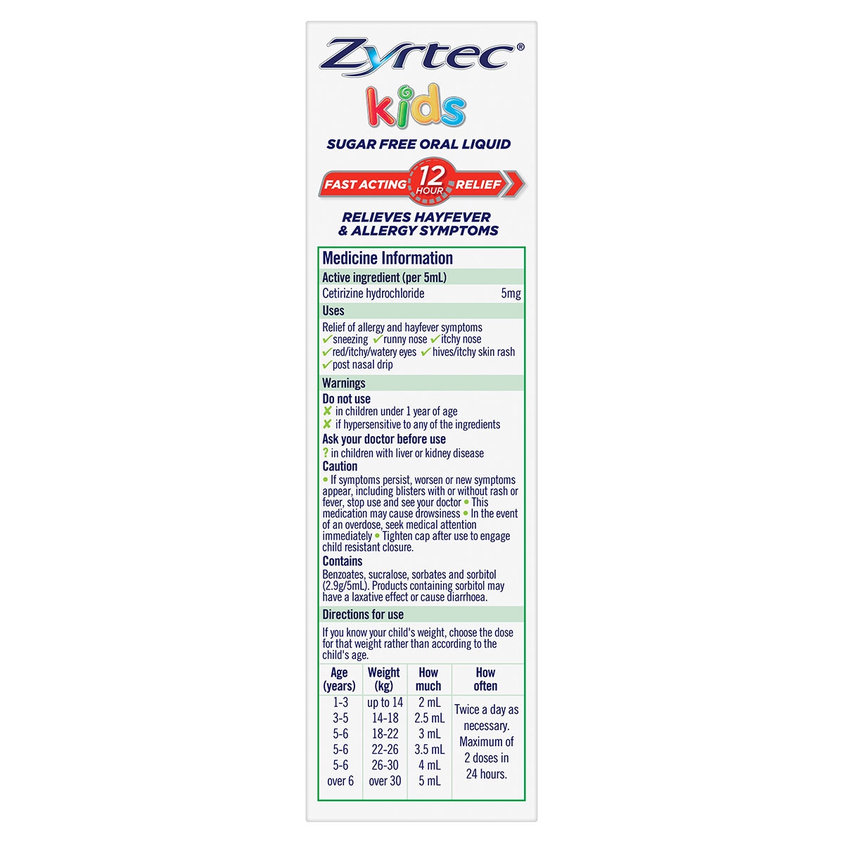 Zyrtec Kids Fast Acting Allergy & Hayfever Relief Oral Liquid Bubblegum 60ml