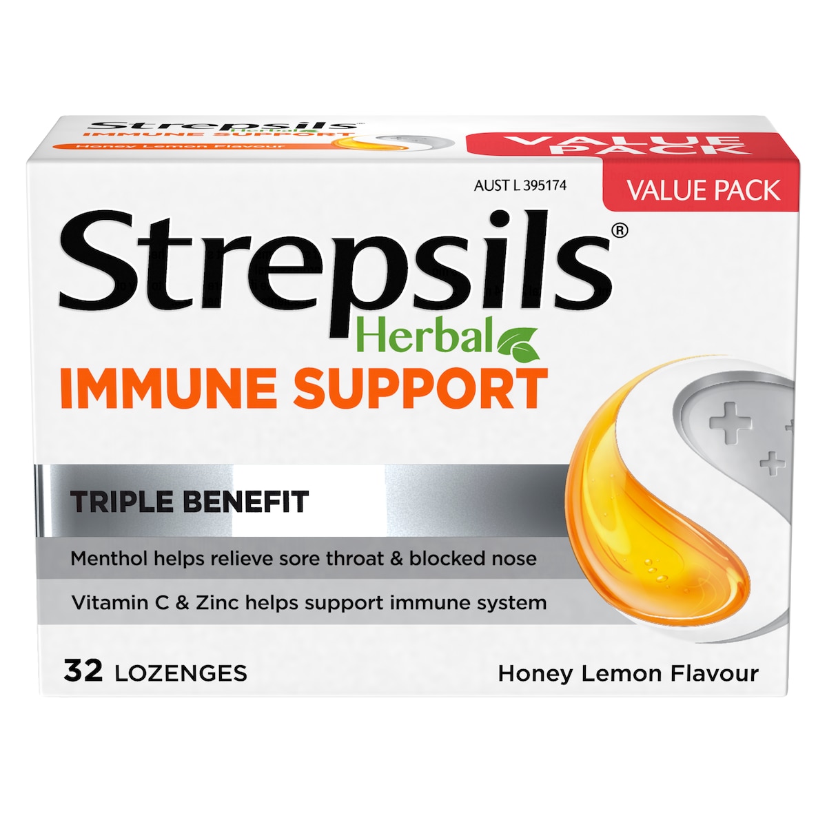 Strepsils Herbal Immune Support Honey Lemon 32 Lozenges