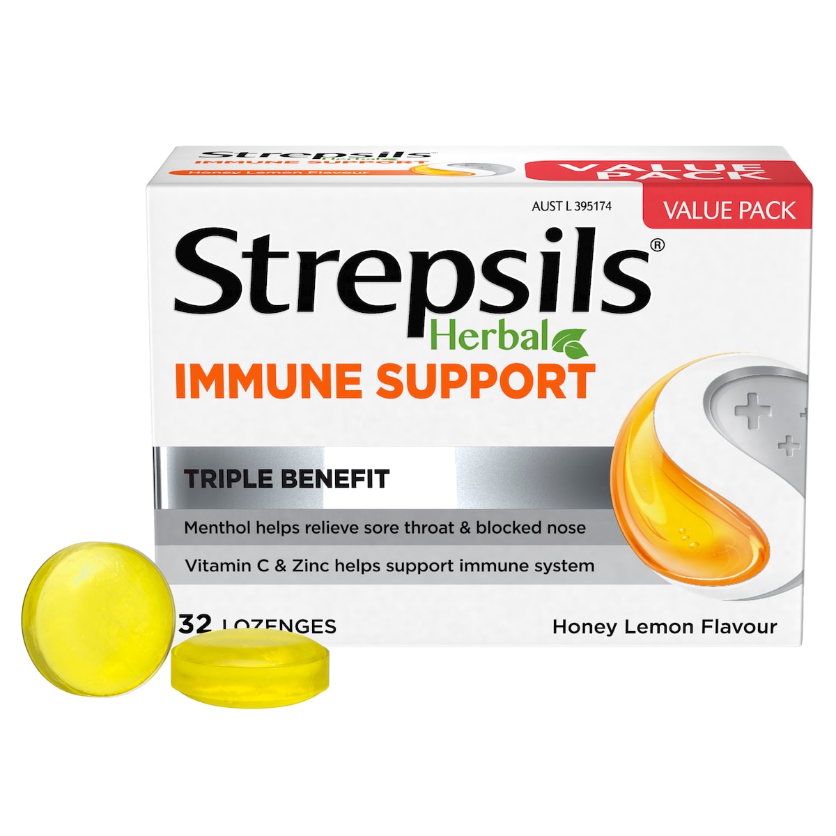 Strepsils Herbal Immune Support Honey Lemon 32 Lozenges