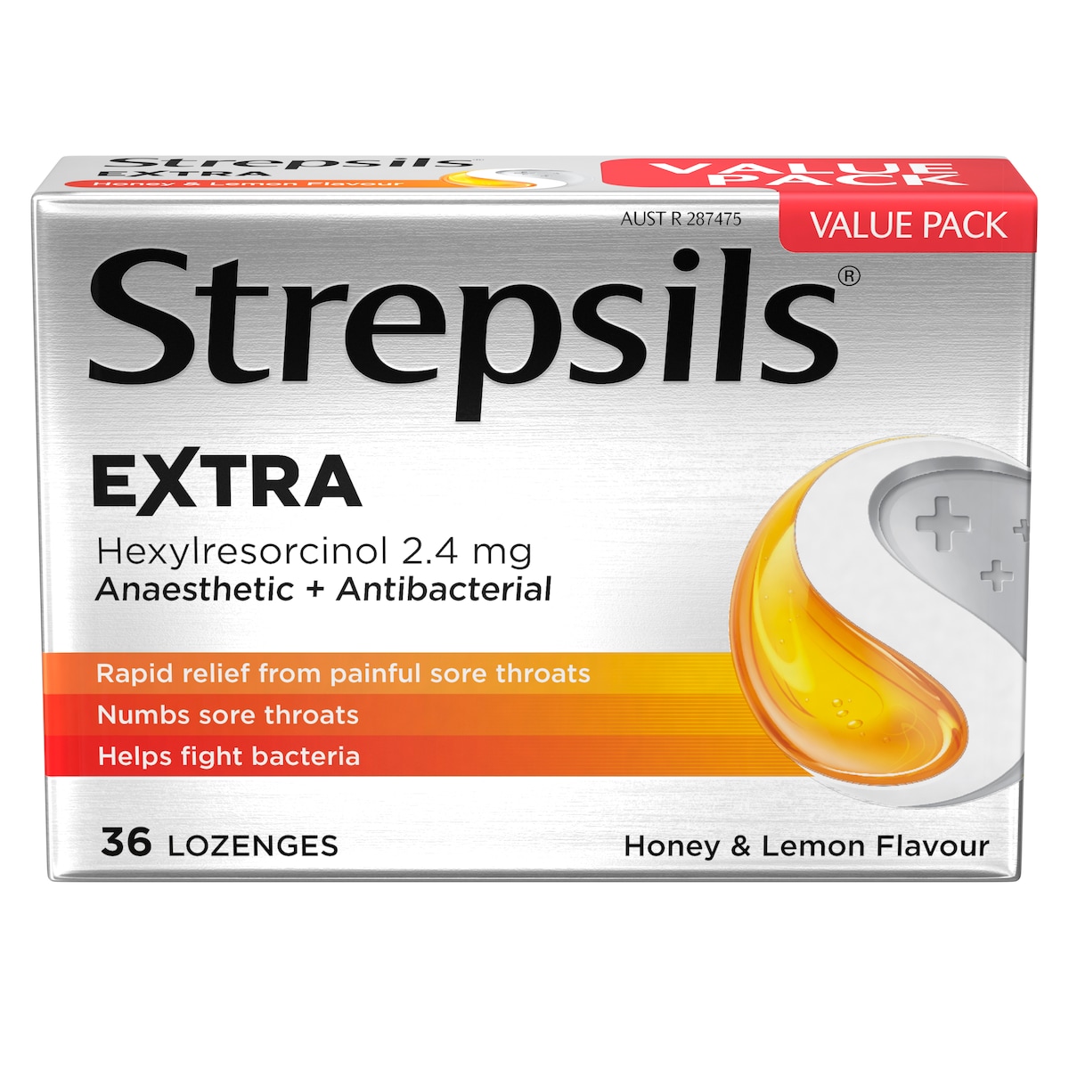 Strepsils Extra Rapid Sore Throat Relief With Anaesthetic Honey & Lemon 36 Lozenges