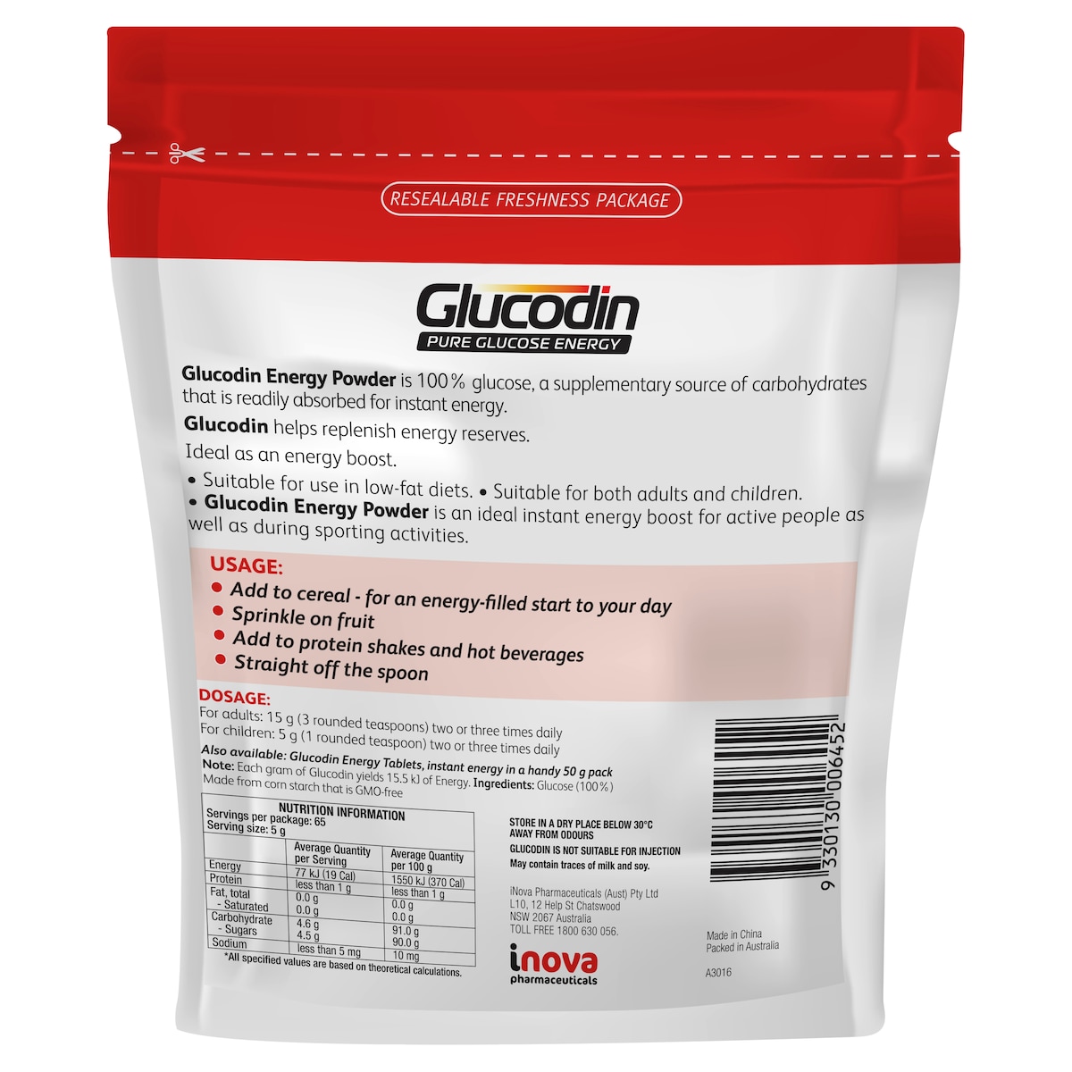 Glucodin Pure Glucose Energy Powder 325G Zip Lock Bag