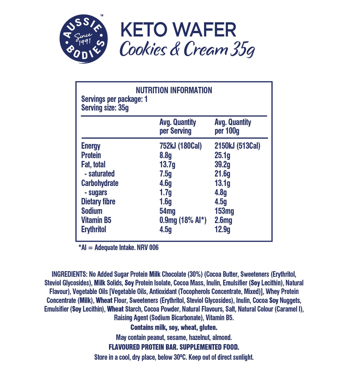 Aussie Bodies Keto Wafer Cookies & Cream 12 X 35G