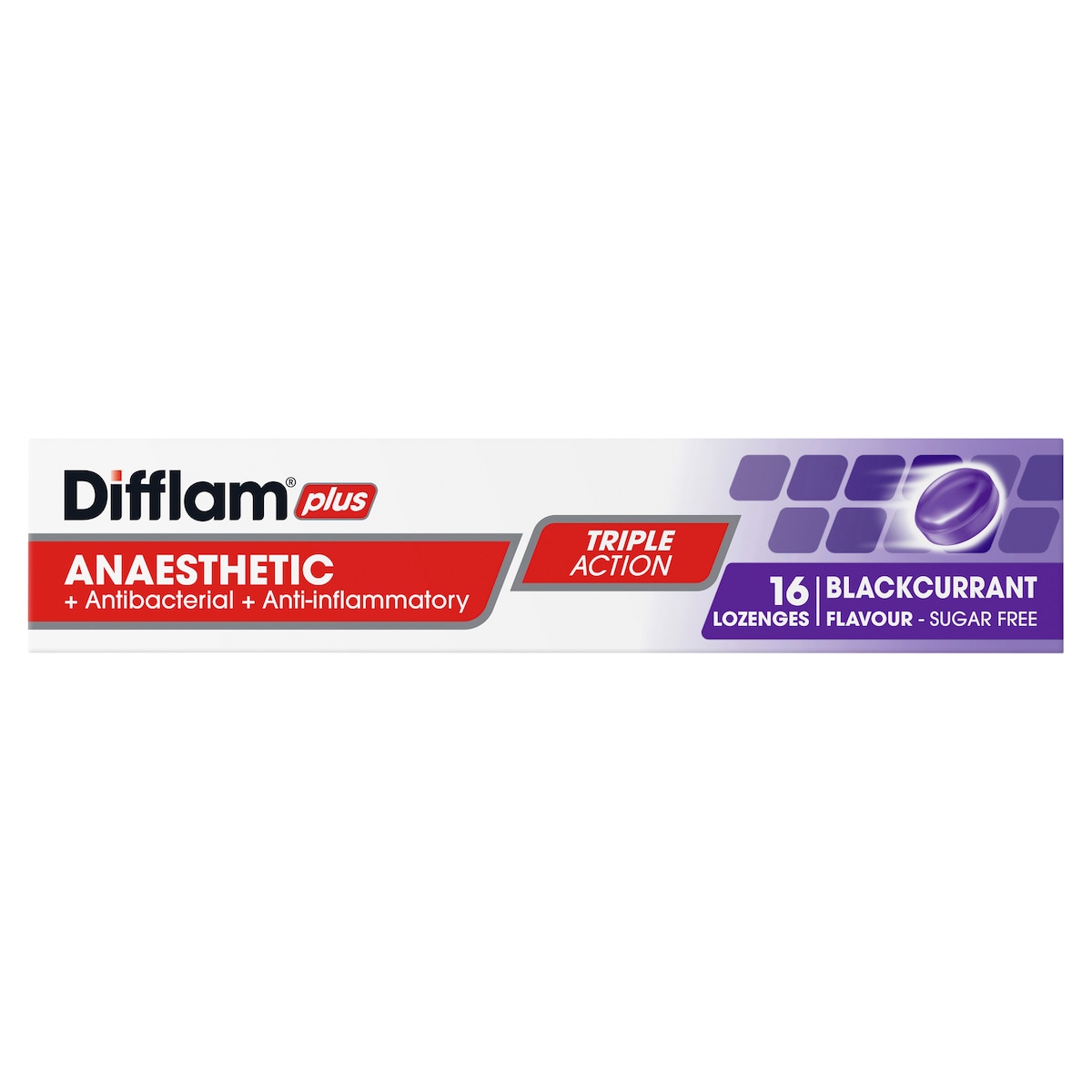 Difflam Plus Anaesthetic Sore Throat Lozenges Blackcurrant 16 Pack