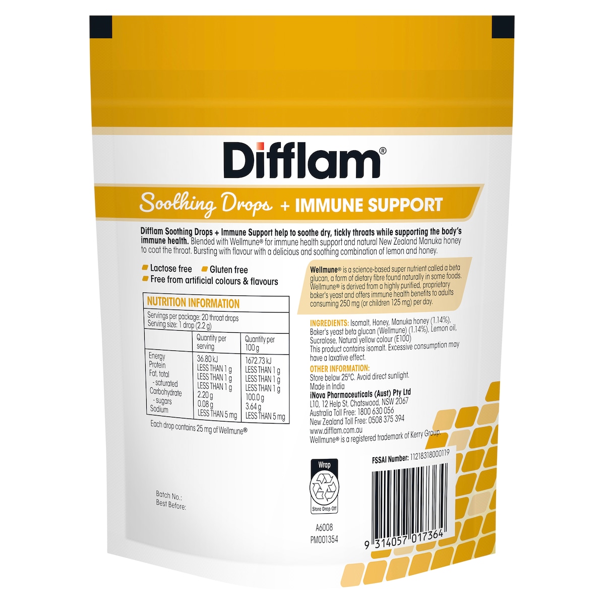 Difflam Soothing Drops + Immune Support Honey & Lemon 20 Pack