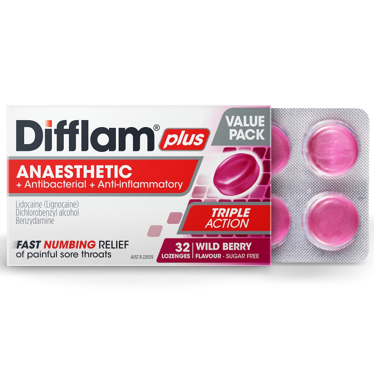 Difflam Plus Anaesthetic Sore Throat Lozenges Berry 32 Value Pack